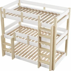 Lit superposé 90x190 cm - Lit triple - Avec échelle de sécurité - Blanc + naturel (matelas non inclus)