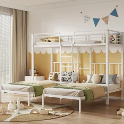 Lit superposé 90x200 cm, 3 lits, échelle, table, cadre métal, blanc