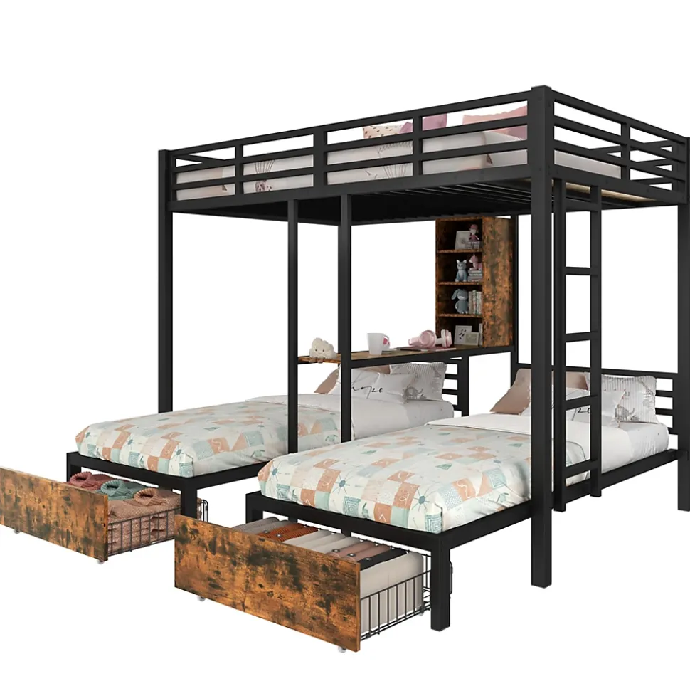 Lit superposé 140x200 cm + 90x200 cm - Lit avec rangement avec 2 tiroirs- Métal et MDF - Facile à monter - Sans matelas - Noir