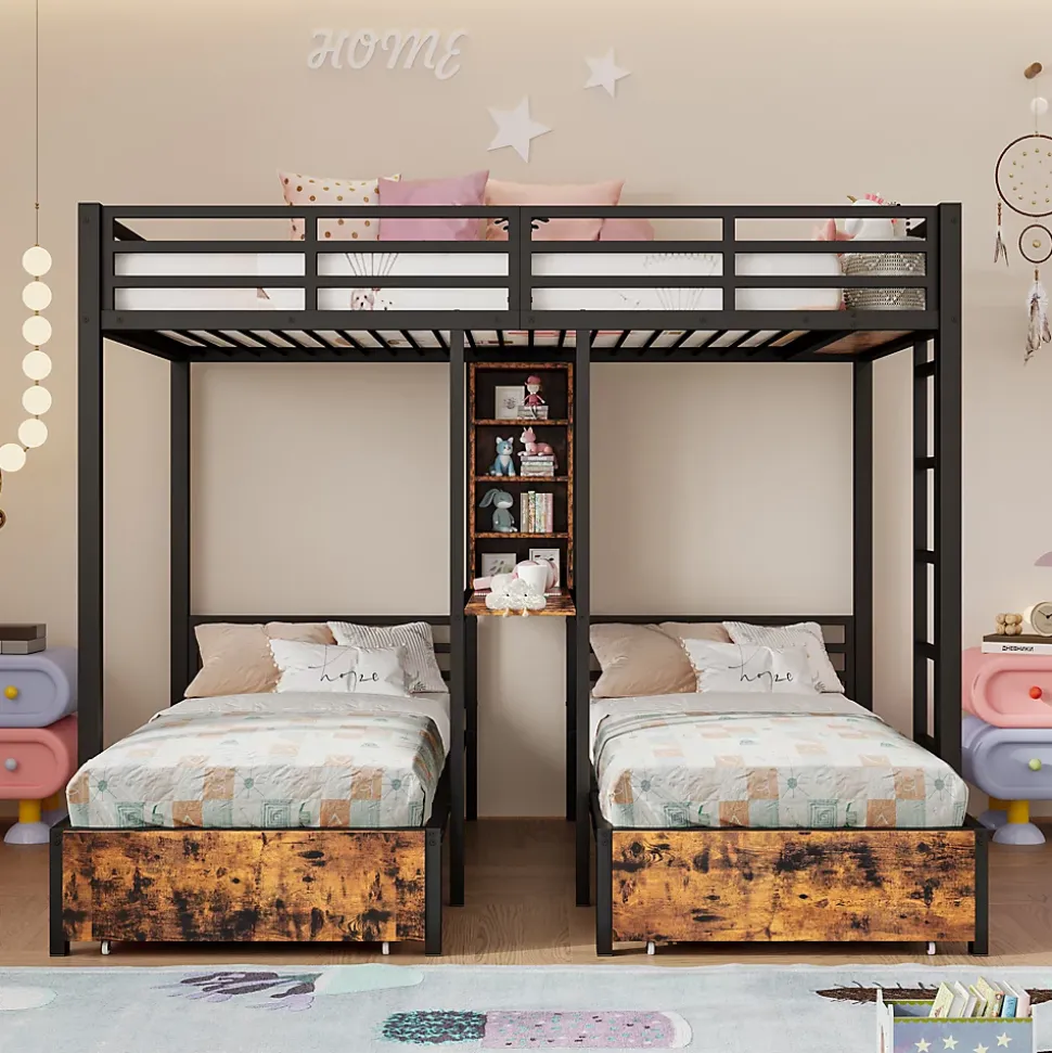 Lit superposé 140x200 cm + 90x200 cm - Lit avec rangement avec 2 tiroirs- Métal et MDF - Facile à monter - Sans matelas - Noir