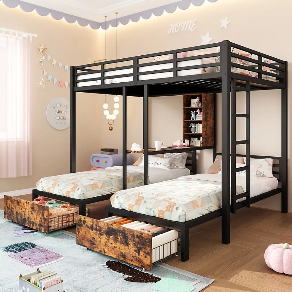 Lit superposé 140x200 cm + 90x200 cm - Lit avec rangement avec 2 tiroirs- Métal et MDF - Facile à monter - Sans matelas - Noir