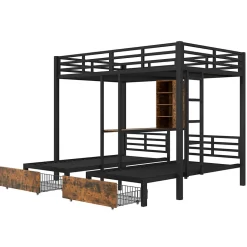 Lit superposé 140x200 cm + 90x200 cm - Lit avec rangement avec 2 tiroirs- Métal et MDF - Facile à monter - Sans matelas - Noir