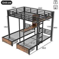 Lit superposé 140x200 cm + 90x200 cm - Lit avec rangement avec 2 tiroirs- Métal et MDF - Facile à monter - Sans matelas - Noir