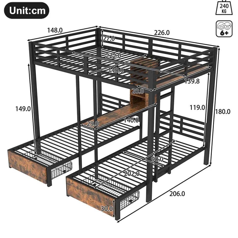 Lit superposé 140x200 cm + 90x200 cm - Lit avec rangement avec 2 tiroirs- Métal et MDF - Facile à monter - Sans matelas - Noir