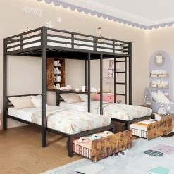 Lit superposé 140x200 cm + 90x200 cm - Lit avec rangement avec 2 tiroirs- Métal et MDF - Facile à monter - Sans matelas - Noir