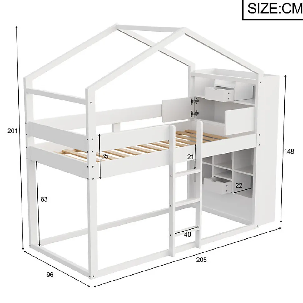 Lit superposé 90x200 cm avec 2 tiroirs - avec compartiments de rangement - avec sommier à lattes - blanc (sans matelas)