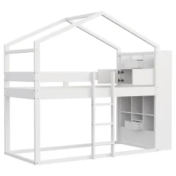 Lit superposé 90x200 cm avec 2 tiroirs - avec compartiments de rangement - avec sommier à lattes - blanc (sans matelas)