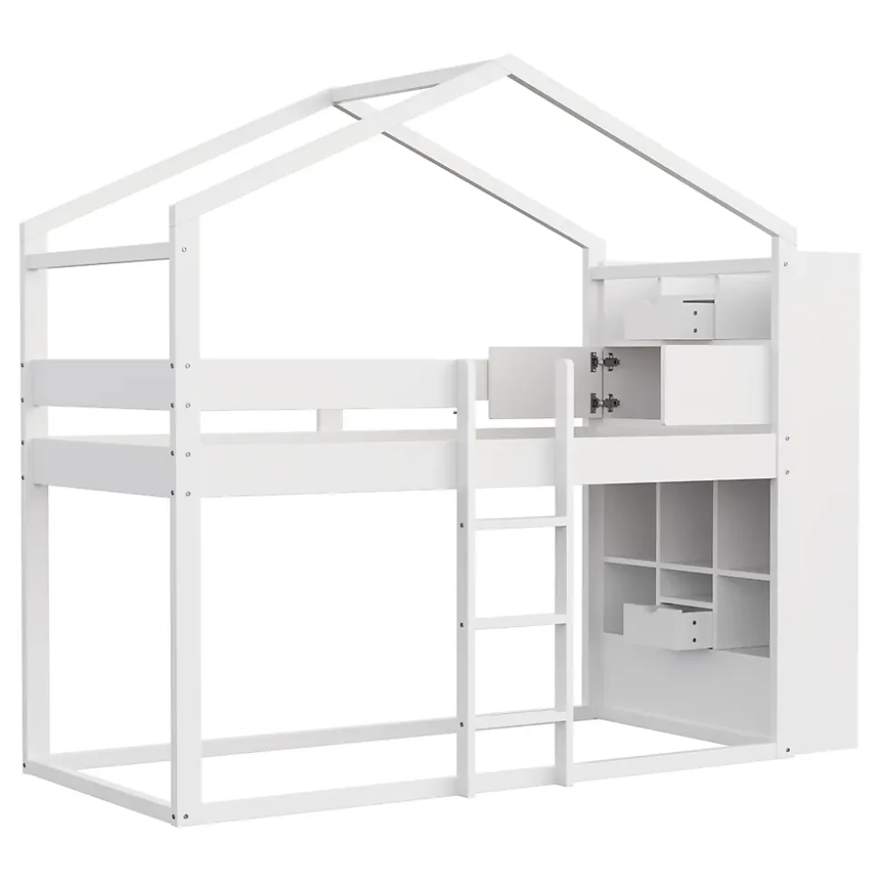 Lit superposé 90x200 cm avec 2 tiroirs - avec compartiments de rangement - avec sommier à lattes - blanc (sans matelas)