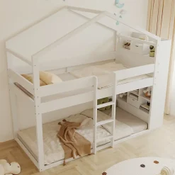 Lit superposé 90x200 cm avec 2 tiroirs - avec compartiments de rangement - avec sommier à lattes - blanc (sans matelas)