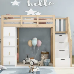 Lit superposé 90x200 cm avec 4 tiroirs et échelle sécurisée en bois massif, gain de place chambre enfant