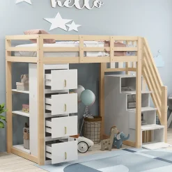 Lit superposé 90x200 cm avec 4 tiroirs et échelle sécurisée en bois massif, gain de place chambre enfant