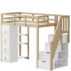 Lit superposé 90x200 cm avec 4 tiroirs et échelle sécurisée en bois massif, gain de place chambre enfant