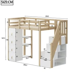 Lit superposé 90x200 cm avec 4 tiroirs et échelle sécurisée en bois massif, gain de place chambre enfant