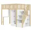Lit superposé 90x200 cm avec armoire et bureau intégrés, structure bois massif blanc/naturel, gain de place