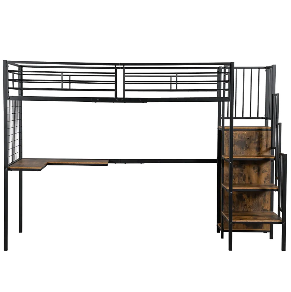 Lit superposé 90x200 cm avec armoire intégrée et échelle latérale, structure métal et MDF, noir/noyer foncé