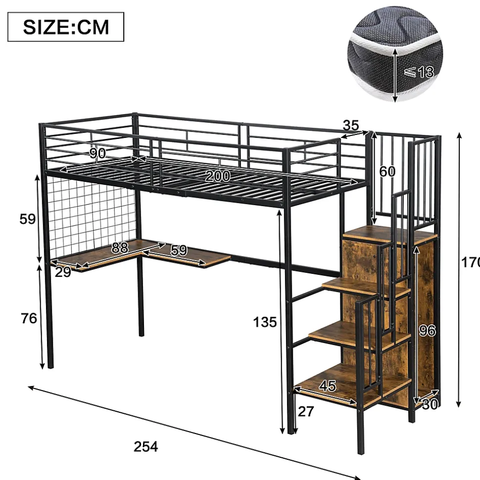 Lit superposé 90x200 cm avec armoire intégrée et échelle latérale, structure métal et MDF, noir/noyer foncé