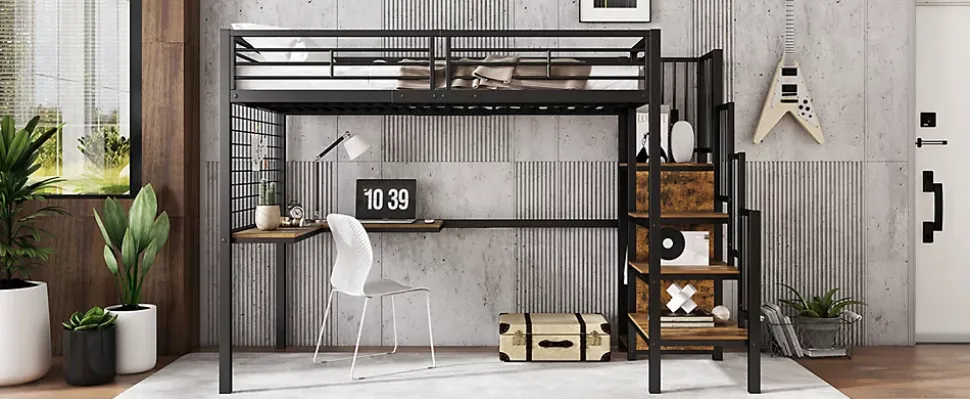 Lit superposé 90x200 cm avec armoire intégrée et échelle latérale, structure métal et MDF, noir/noyer foncé