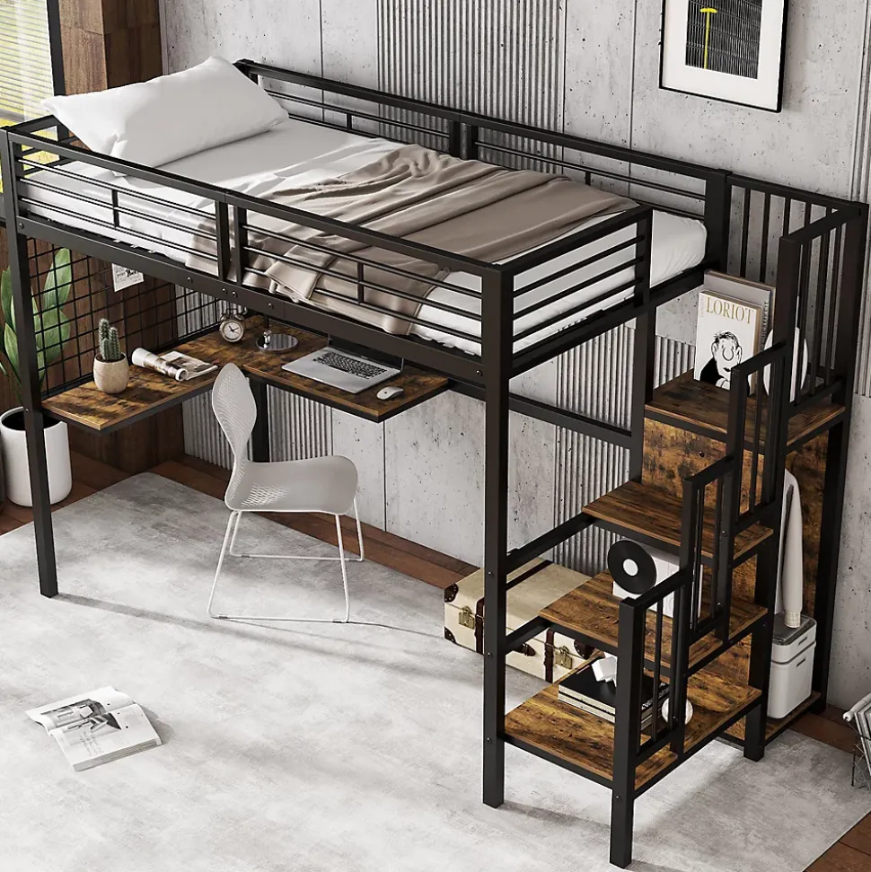 Lit superposé 90x200 cm avec armoire intégrée et échelle latérale, structure métal et MDF, noir/noyer foncé