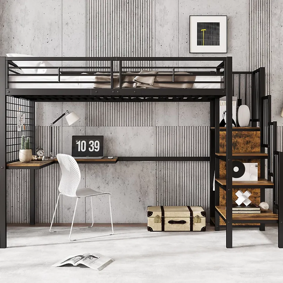 Lit superposé 90x200 cm avec armoire intégrée et échelle latérale, structure métal et MDF, noir/noyer foncé