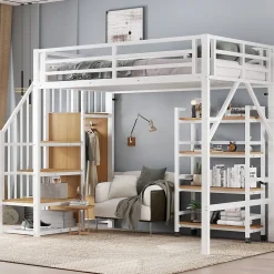 Lit superposé 90x200 cm avec armoire d'angle, étagère roulante et garde-corps, structure métal/MDF