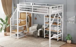 Lit superposé 90x200 cm avec armoire d'angle, étagère roulante et garde-corps, structure métal/MDF