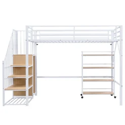 Lit superposé 90x200 cm avec armoire d'angle, étagère roulante et garde-corps, structure métal/MDF