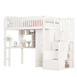 Lit superposé 90x200 cm avec armoire et bureau intégrés, escalier tiroirs en bois massif blanc, gain de place