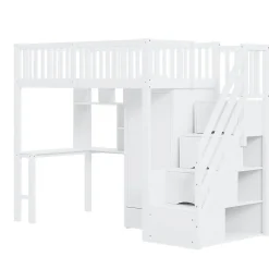 Lit superposé 90x200 cm avec armoire et bureau intégrés, escalier tiroirs en bois massif blanc, gain de place