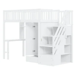 Lit superposé 90x200 cm avec armoire et bureau intégrés, escalier tiroirs en bois massif blanc, gain de place