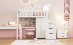 Lit superposé 90x200 cm avec armoire et bureau intégrés, escalier tiroirs en bois massif blanc, gain de place