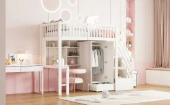 Lit superposé 90x200 cm avec armoire et bureau intégrés, escalier tiroirs en bois massif blanc, gain de place