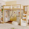 Lit superposé 90x200 cm avec armoire intégrée et échelle à tiroirs en bois massif, blanc et bois naturel