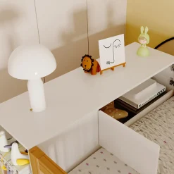 Lit superposé 90x200 cm avec armoire intégrée et échelle à tiroirs en bois massif, blanc et bois naturel