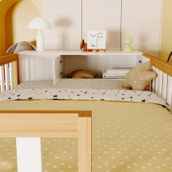 Lit superposé 90x200 cm avec armoire intégrée et échelle à tiroirs en bois massif, blanc et bois naturel