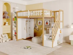 Lit superposé 90x200 cm avec armoire intégrée et échelle à tiroirs en bois massif, blanc et bois naturel