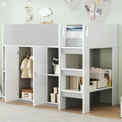 Lit superposé 90x200 cm avec armoire, étagères et échelle intégrée, structure bois massif gris
