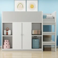 Lit superposé 90x200 cm avec armoire, étagères et échelle intégrée, structure bois massif gris