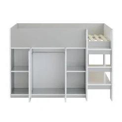 Lit superposé 90x200 cm avec armoire, étagères et échelle intégrée, structure bois massif gris