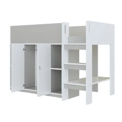 Lit superposé 90x200 cm avec armoire, étagères et échelle intégrée, structure bois massif gris