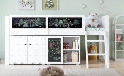 Lit superposé 90x200 cm avec armoire 2 portes, tableau à craie et échelle inclinée en pin/MDF