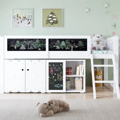 Lit superposé 90x200 cm avec armoire 2 portes, tableau à craie et échelle inclinée en pin/MDF