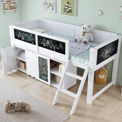 Lit superposé 90x200 cm avec armoire 2 portes, tableau à craie et échelle inclinée en pin/MDF