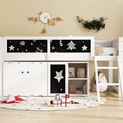 Lit superposé 90x200 cm avec armoire 2 portes, tableau à craie et échelle inclinée en pin/MDF