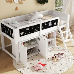 Lit superposé 90x200 cm avec armoire 2 portes, tableau à craie et échelle inclinée en pin/MDF