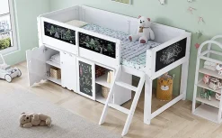 Lit superposé 90x200 cm avec armoire 2 portes, tableau à craie et échelle inclinée en pin/MDF