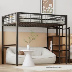 Lit superposé 140x200 cm avec armoire intégrée et échelle sécurisée, structure métal noir