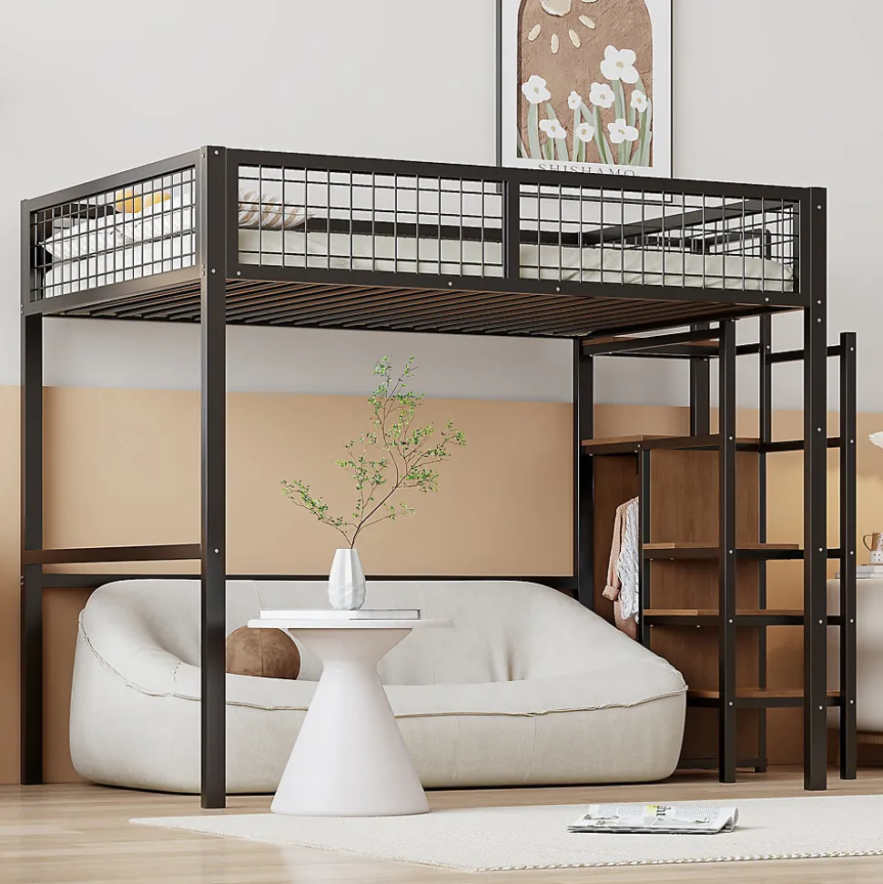 Lit superposé 140x200 cm avec armoire intégrée et échelle sécurisée, structure métal noir