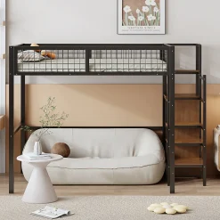 Lit superposé 140x200 cm avec armoire intégrée et échelle sécurisée, structure métal noir