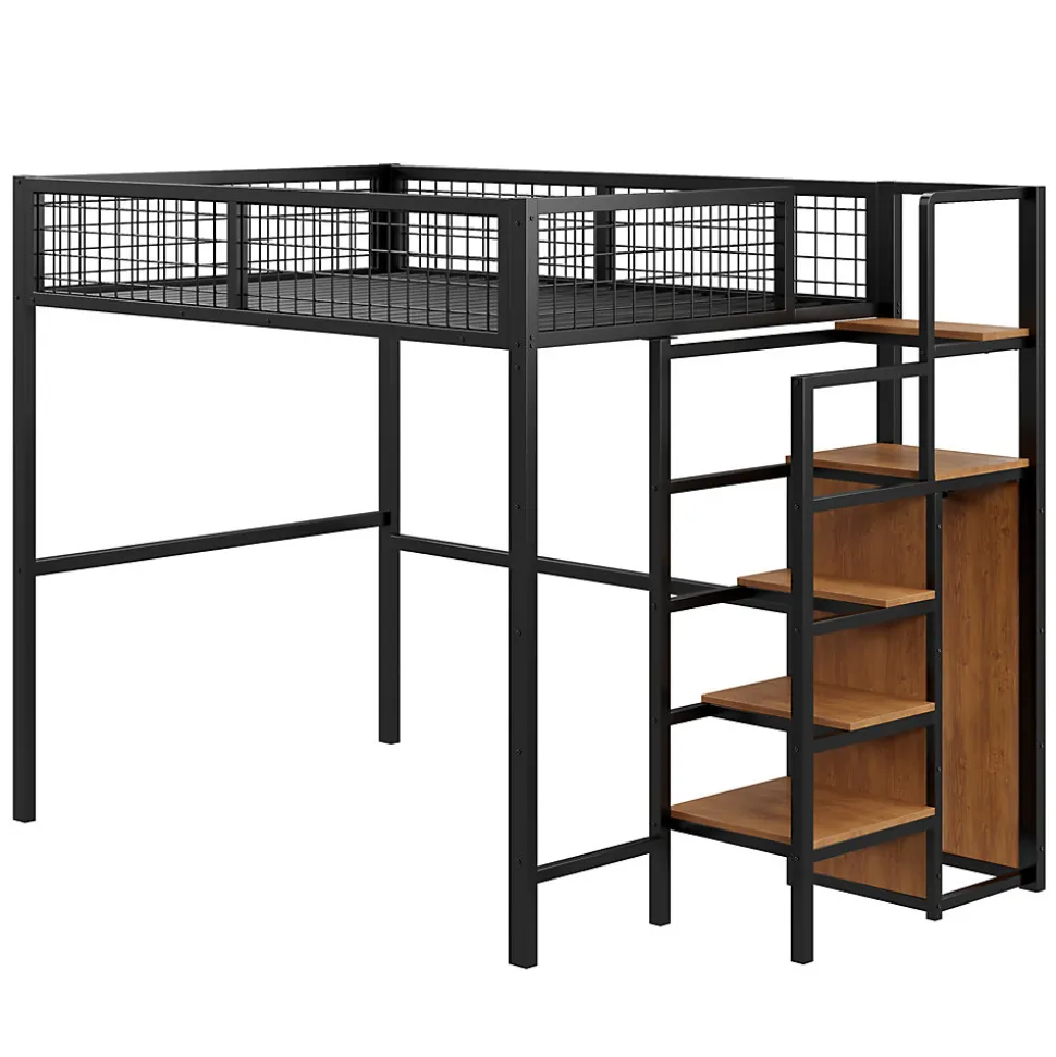 Lit superposé 140x200 cm avec armoire intégrée et échelle sécurisée, structure métal noir