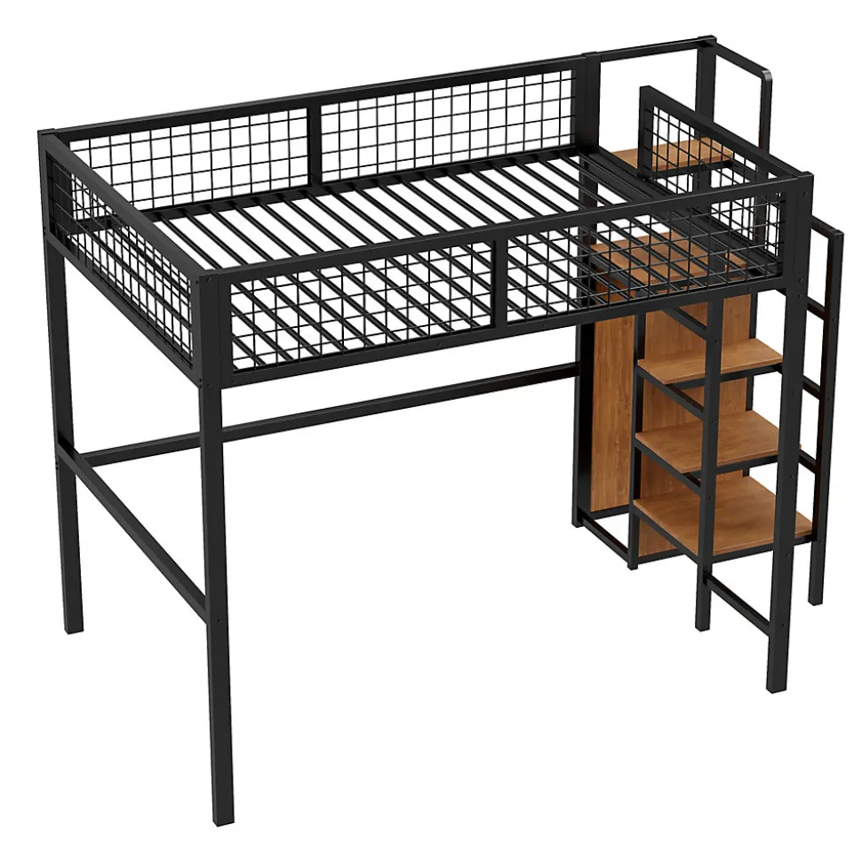 Lit superposé 140x200 cm avec armoire intégrée et échelle sécurisée, structure métal noir